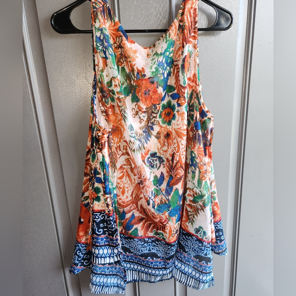 New Directions Curvy Top Blouse Plus 1X Orange Blue Sleeveless Sheer Overlay - Picture 2 of 9
